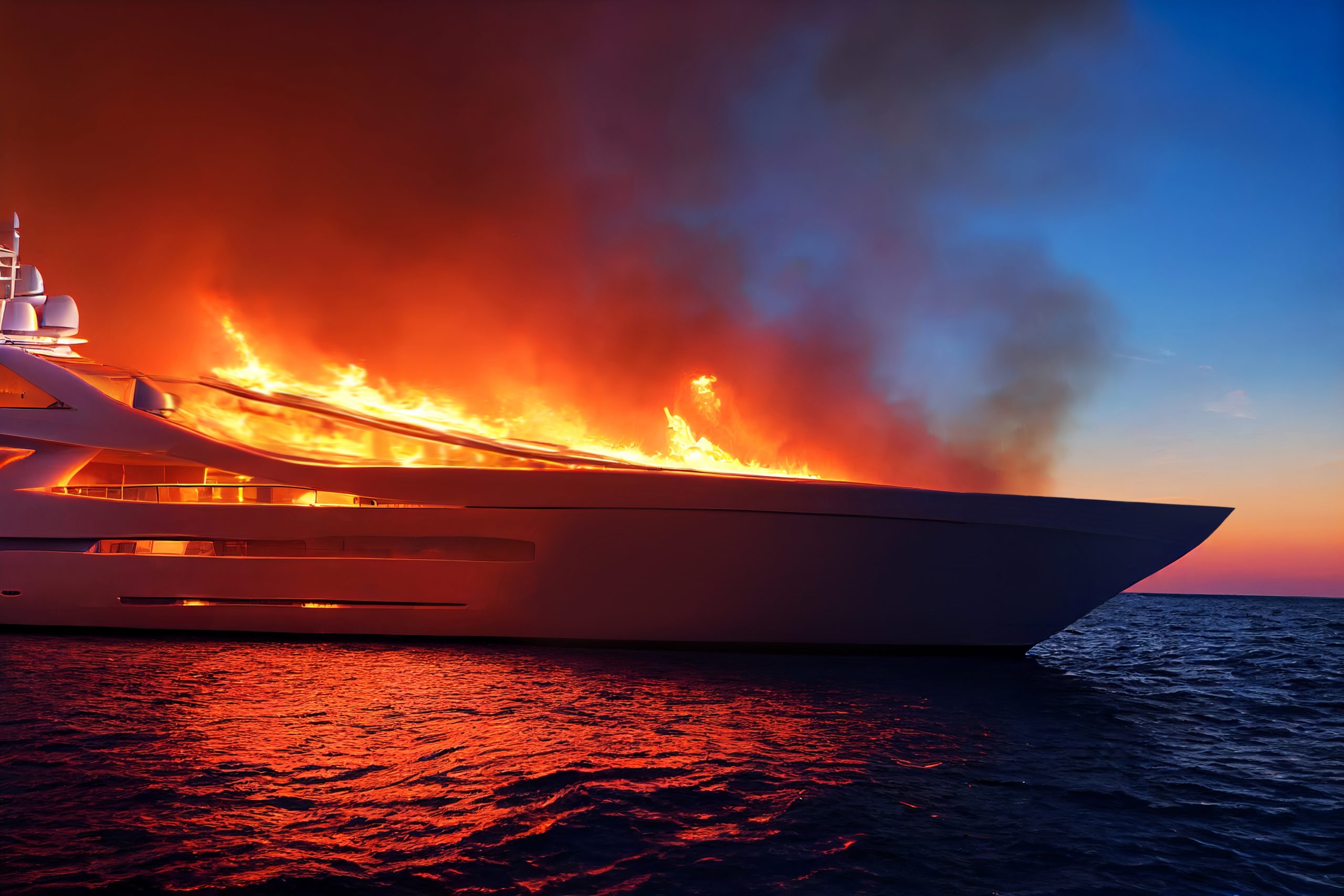 superyacht that is engulfed in flames on a sunset backdrop