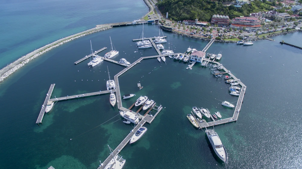 Aerial view of St Maarten's marina with yachts berthed